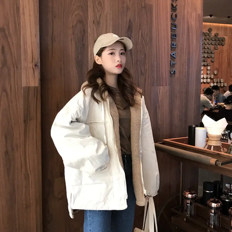 

2019 Autumn and Winter New Korean Loose Thick Lamb Coat Warm Oversized Overcoat Casual Hooded Jacket For Women Outerwear f1105