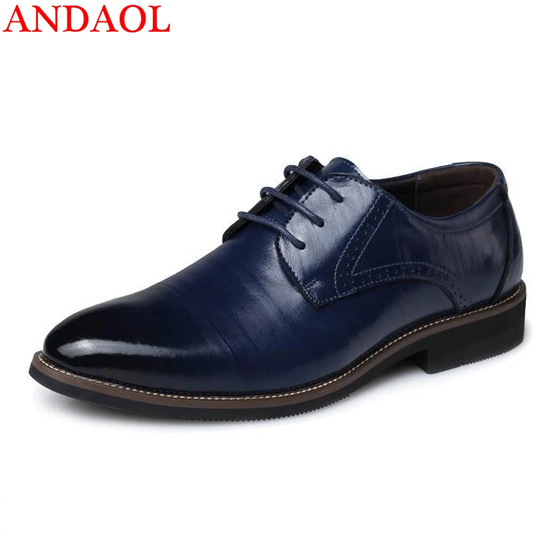 

ANDAOL Men's Leather Casual Shoes Top Quality Bright Leather Pointed Toe Business Shoes New Luxury Lace-Up Wedding Dress Shoes