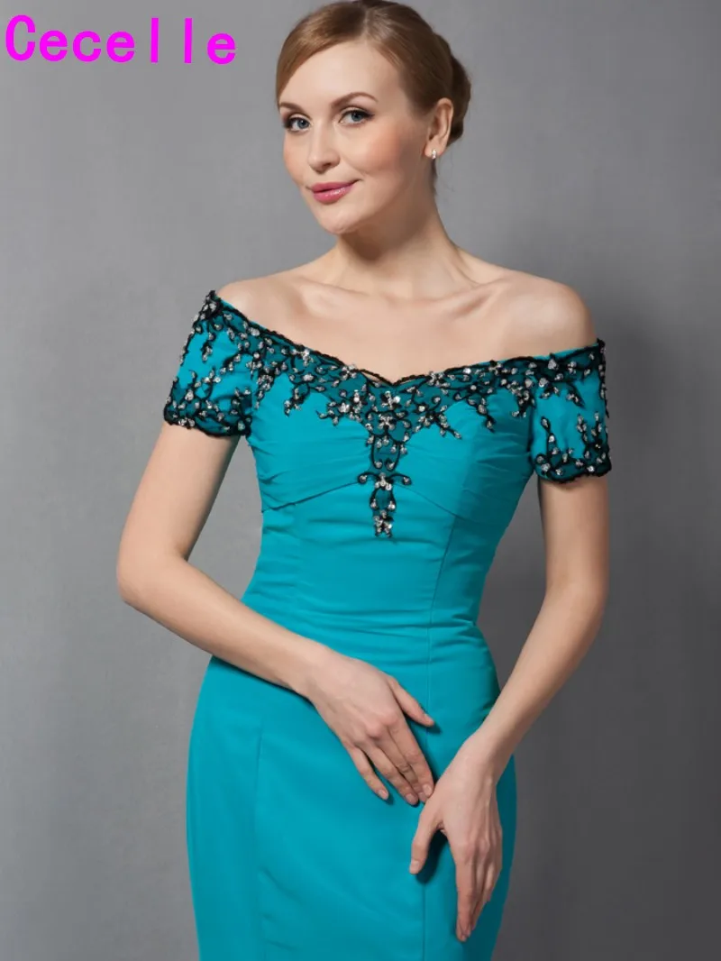 Teal Long Mermaid Floor Length Off Shoulder Chiffon Mother Of Bride Dresses With Short Sleeves Mother's Elegant Formal | Свадьбы и