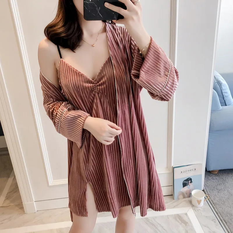 MECHCITIZ Autumn Winter Women's Velvet Robe Gown Set New Arrival Kimono Bathrobe Sexy Sleepwear Robes Lingerie | Женская одежда