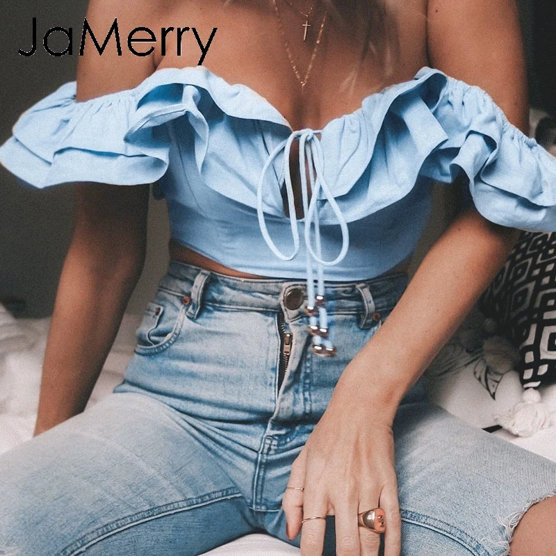 JaMerry Винтаж Лен с оборками на шнуровке Женская майка Топы sexy плеча летние плотные