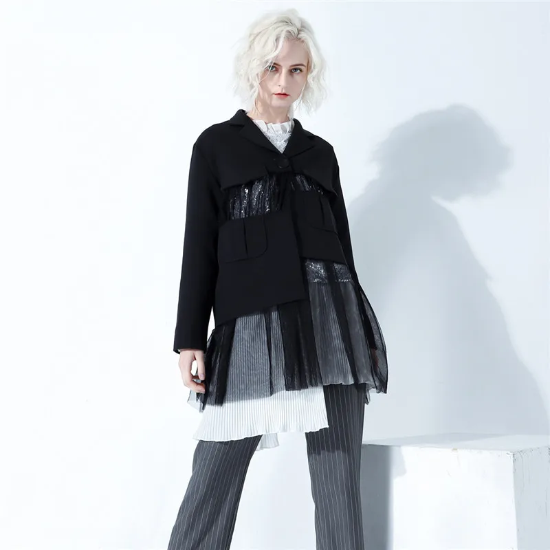 Женские куртки 2019 новые европейские дикие личности сплайсинга сетки Марля