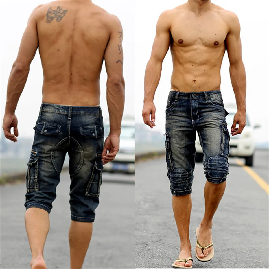 

ABOORUN Summer Mens Cargo Denim Shorts Multi Pockets Retro Washed Cotton Jeans Shorts for Men YC1070