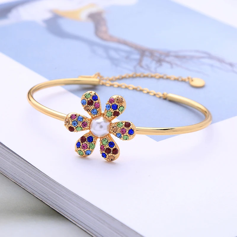 Kiss ME Delicate Seven Color Zircon Flower Open Round Bangle Adjustable Women For Female Gift Accessories | Украшения и
