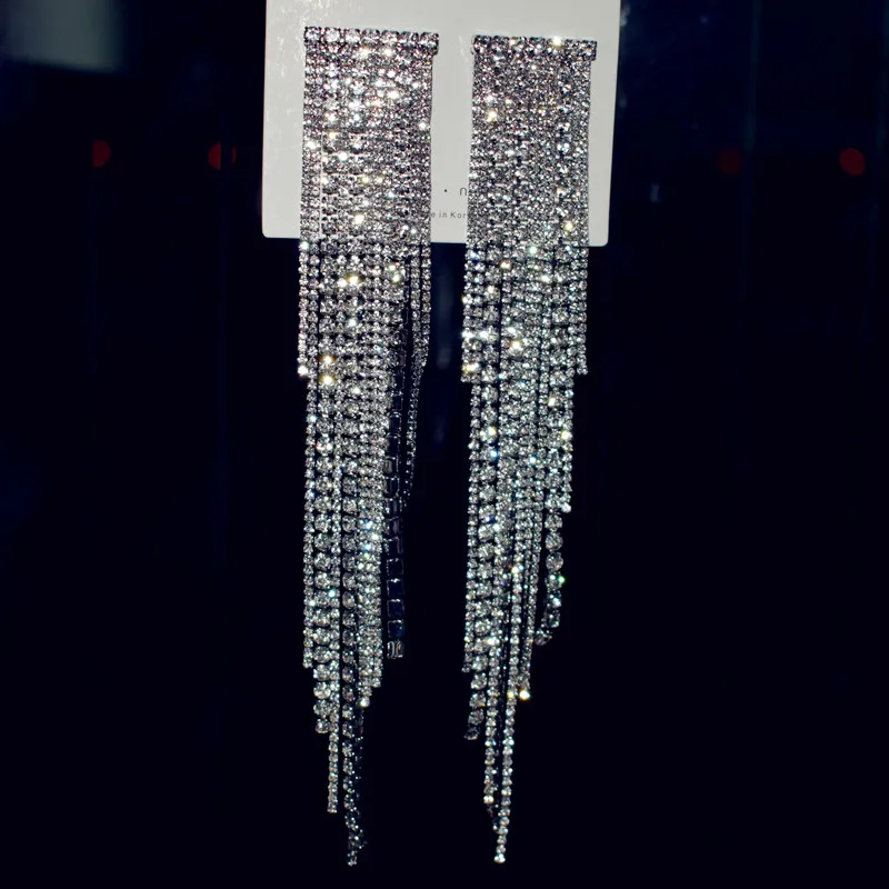 Shiny Rhinestone Long Chain Dangle Earrings for Women Fashion Jewelry New Evening Dress Statement Accessories | Украшения и