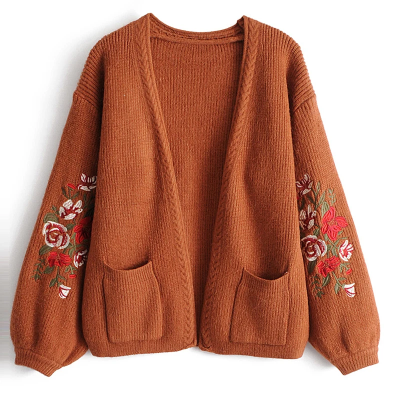NYMPH New Fashion 2017 Autumn Outerwear Women Long Sleeve Floral Embroidery Pockets Cardigan Casual Knitted Sweater Plus Size |