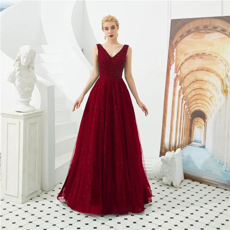picture red Vestidos De gala Largos Бисероплетение выходные платья без рукавов v-образным вырезом Вечерние платья в пол халаты De Soiree - Цвет: picture red