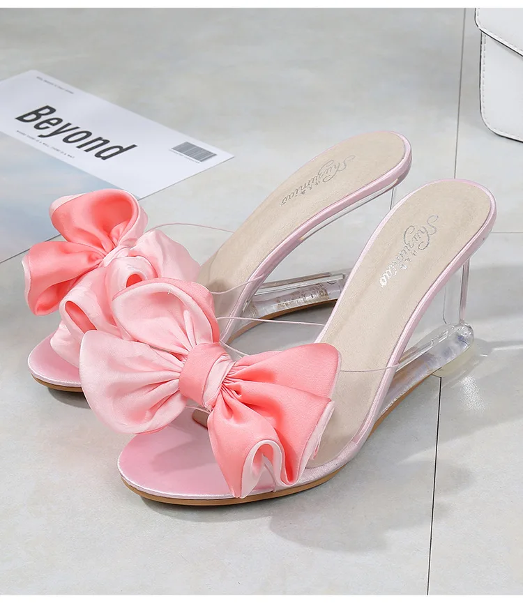 Butterfly-knot High Heel Sandals Women Summer Flower Crystal Shoes Lad Transparent Heels Peep Toe Wedges Ladies Sexy Sweet Shoes