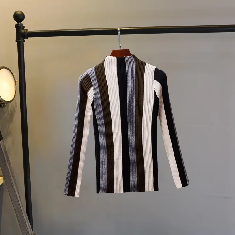 2018 Women Vertical Striped Patchwork Sweater Autumn Winter Turtleneck Long Sleeve Knitted Cool Pullovers Tops Korean | Женская одежда