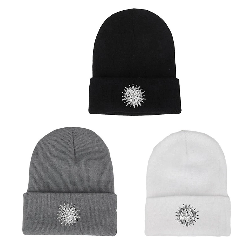 Модные Взрослые Skullies зимние вязаные шапки для женщин роскошный белый Сияющий