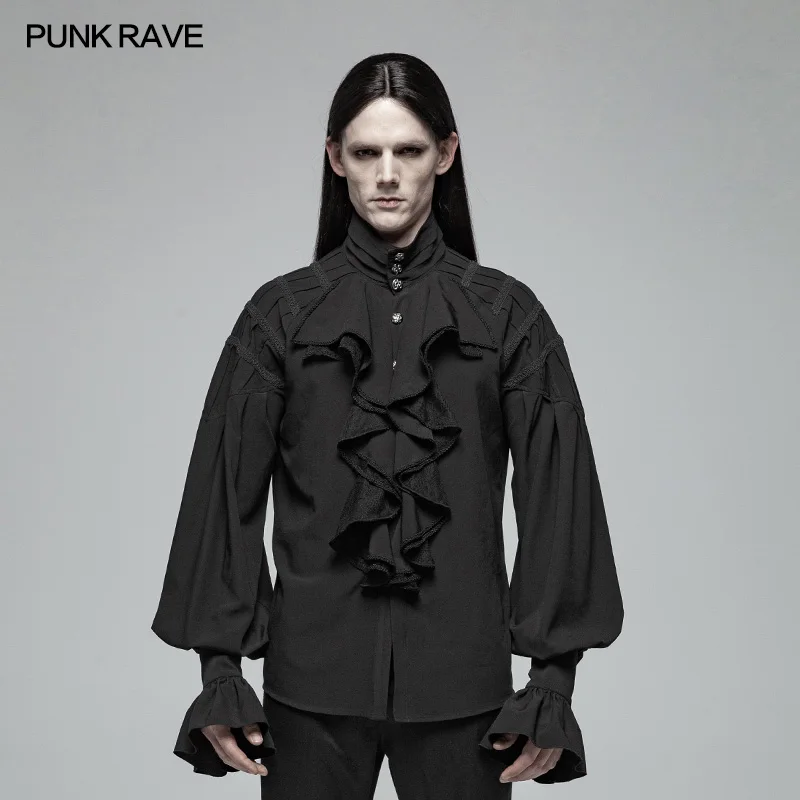 

New Punk Rave Fashion Ruffles Victoria Loose Retro Black Long Sleeve Classic Palace Party Casual Men's Shirt WY991