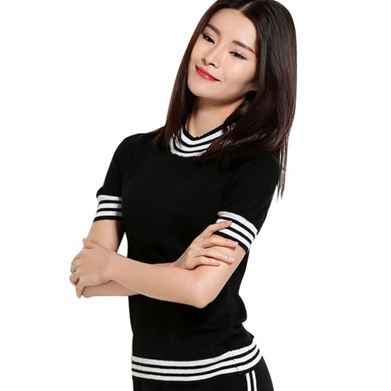 Свитер женский с коротким рукавом однотонный облегающий пуловер из смеси хлопка