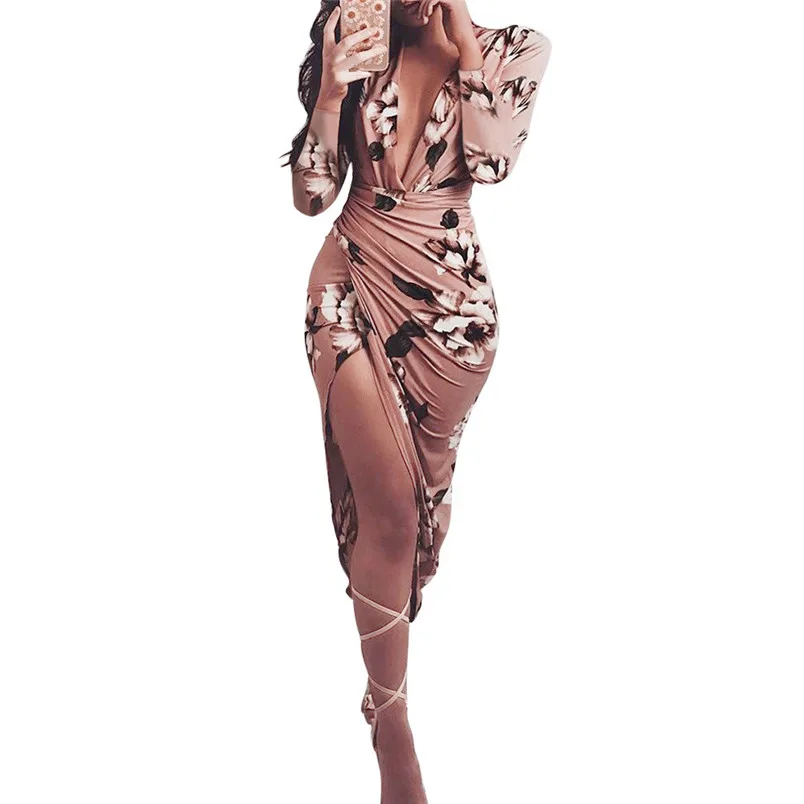 Летнее пляжное платье повседневное с цветочным принтом длинным рукавом до