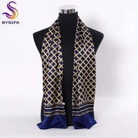 bysifa navy blue gold plaid men silk scarves fashion accessories autumn winter male pure silk long scarves cravat 16026cm