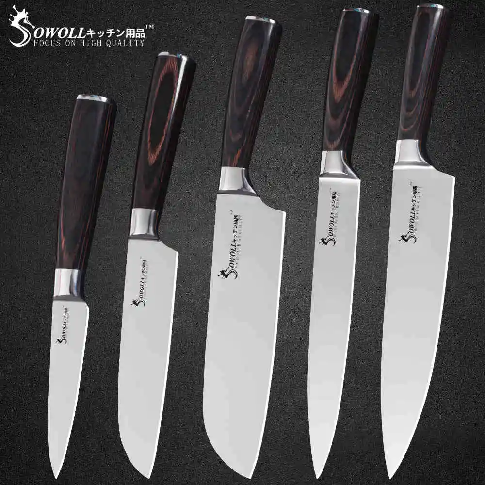 B.5PCS SET Sowoll 6 шт. Нержавеющая сталь Кухня Ножи высокого углеродный острый нож лазерный нож шеф-повара нарезки Santoku универсальный нож для очистки овощей Ножи - Цвет: B.5PCS SET