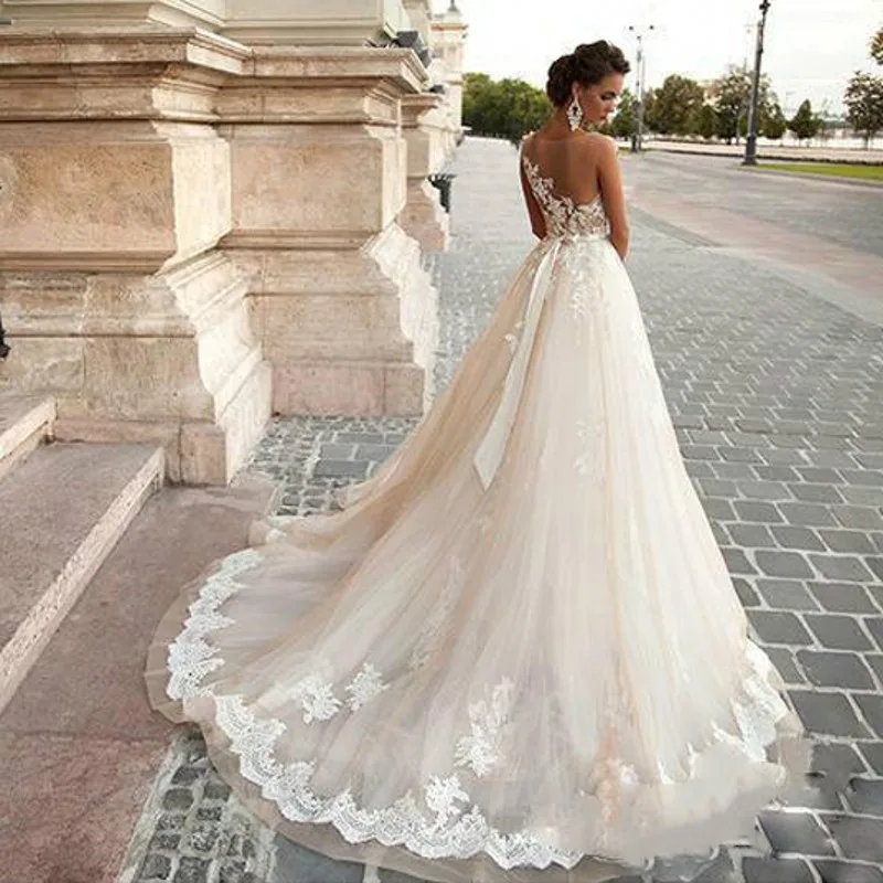 picture color Vestido de noiva бежевые Свадебные платья robe de mariee изготовленный на формальный заказ кружева Abendkleid Элегантное свадебное платье из тюля длинное - Цвет: picture color