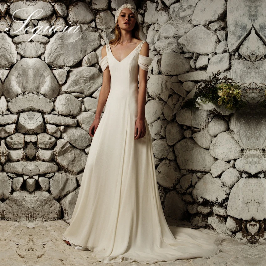 Сексуальный шеи без рукавов открыть задолго шифон пляж свадебное платье с бусины