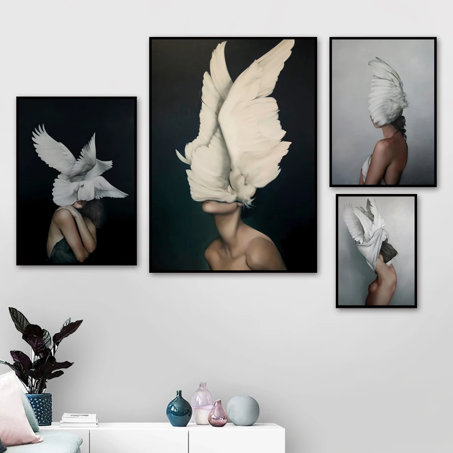 Перо птица Мода Sesy девушка модель настенная живопись холст скандинавские