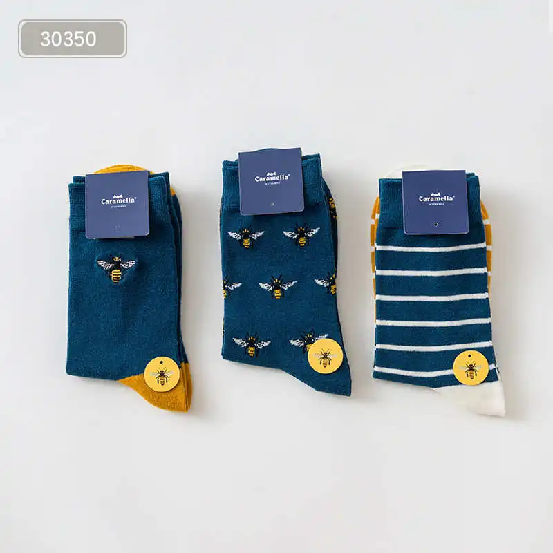 3035011001 3 Pairs/Lot Caramella Men's Socks Cotton Crew Socks Mid-Calf Length Jacquard Embroidery Animal Pattern - Цвет: 3035011001