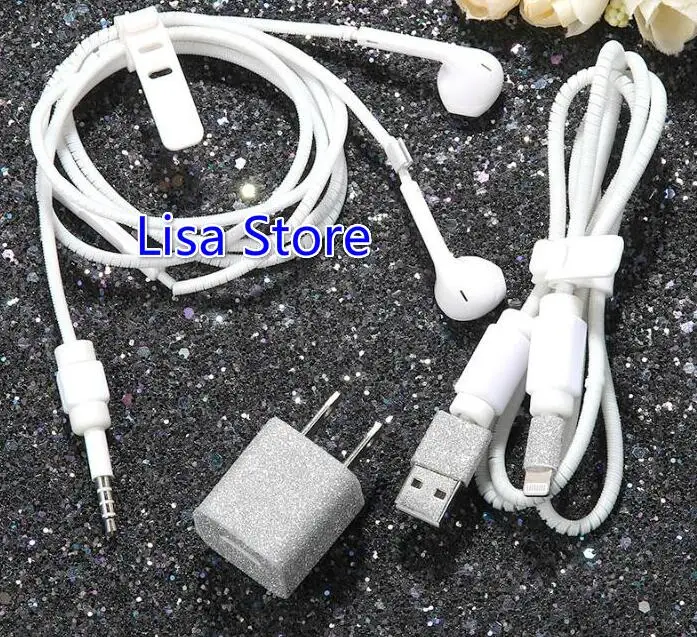 Free 10 Sets Bling Bling DIY Wire Rope Protection Suit Spring Earphone Cable Cord Set DIY Charger Sticker for Cell Phone iPhone