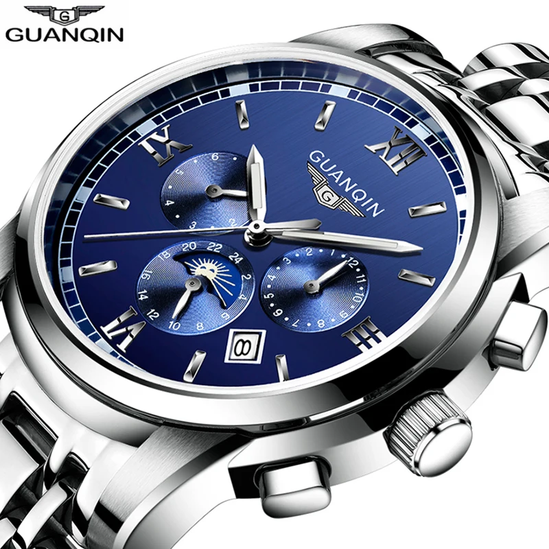 GUANQIN Luxury Top Brand 6 Hands 24 Hours Functions Mechanical Watches Men Business Stainless Steel Waterproof Automatic Watch