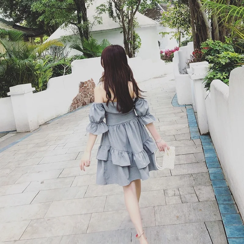 Fashion Women Plaid New Dress Slash Neck Off Shoulder Blackless Sexy Ruffles Draped Mini Clothes 2019 Summer | Женская одежда