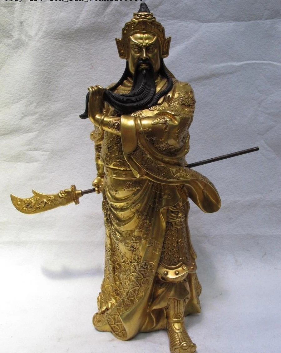 Китай Фиолетовый Бронзовый 24K золотой Guan Gong Yu воин держать дракона меч статуя |