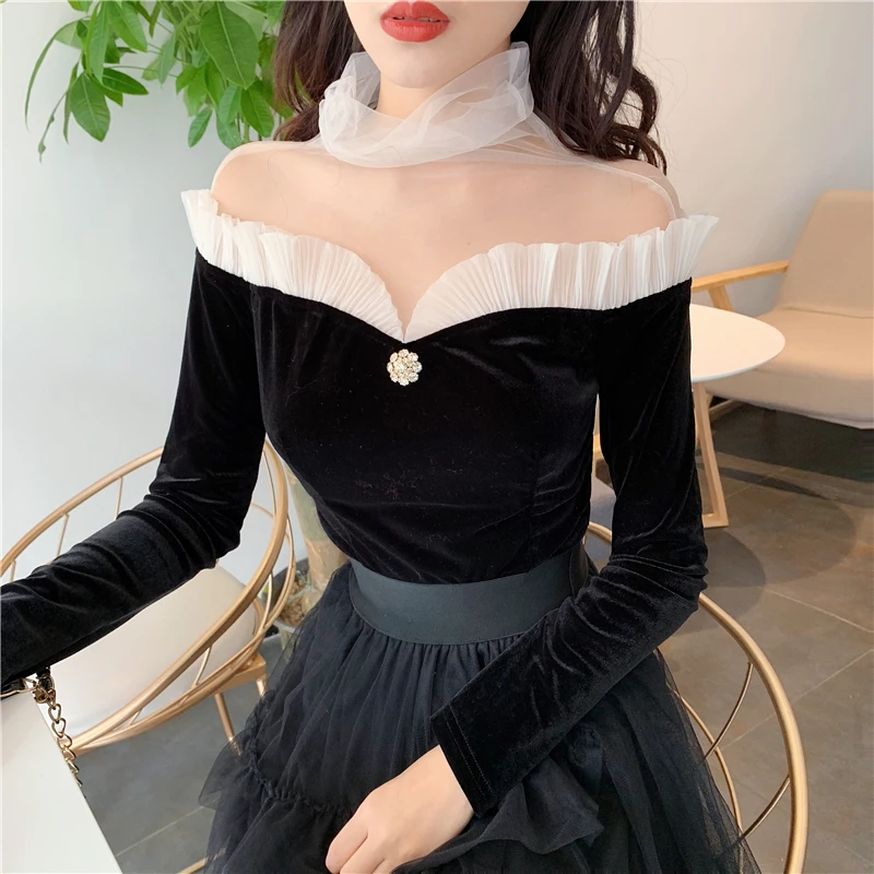 

OllyMurs 2019 New Women Vintage Velour Bottoming Shirt Mesh Spliced Slim Ladies Tops Long Sleeve Female Velvet Shirts Blouses