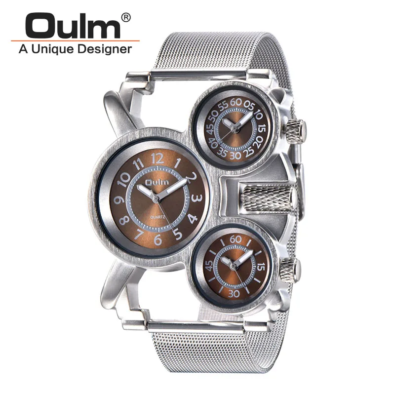 brown Oulm HT1167 мужские часы Топ бренд класса люкс мужские военные уличные наручные часы 3 часовых пояса спортивные коричневые мужские полностью стальные часы - Цвет: brown