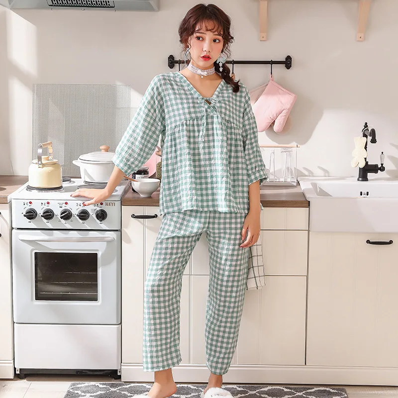 Женская пижама комплект из 2 предметов в клетку пижамы три четверти рукав