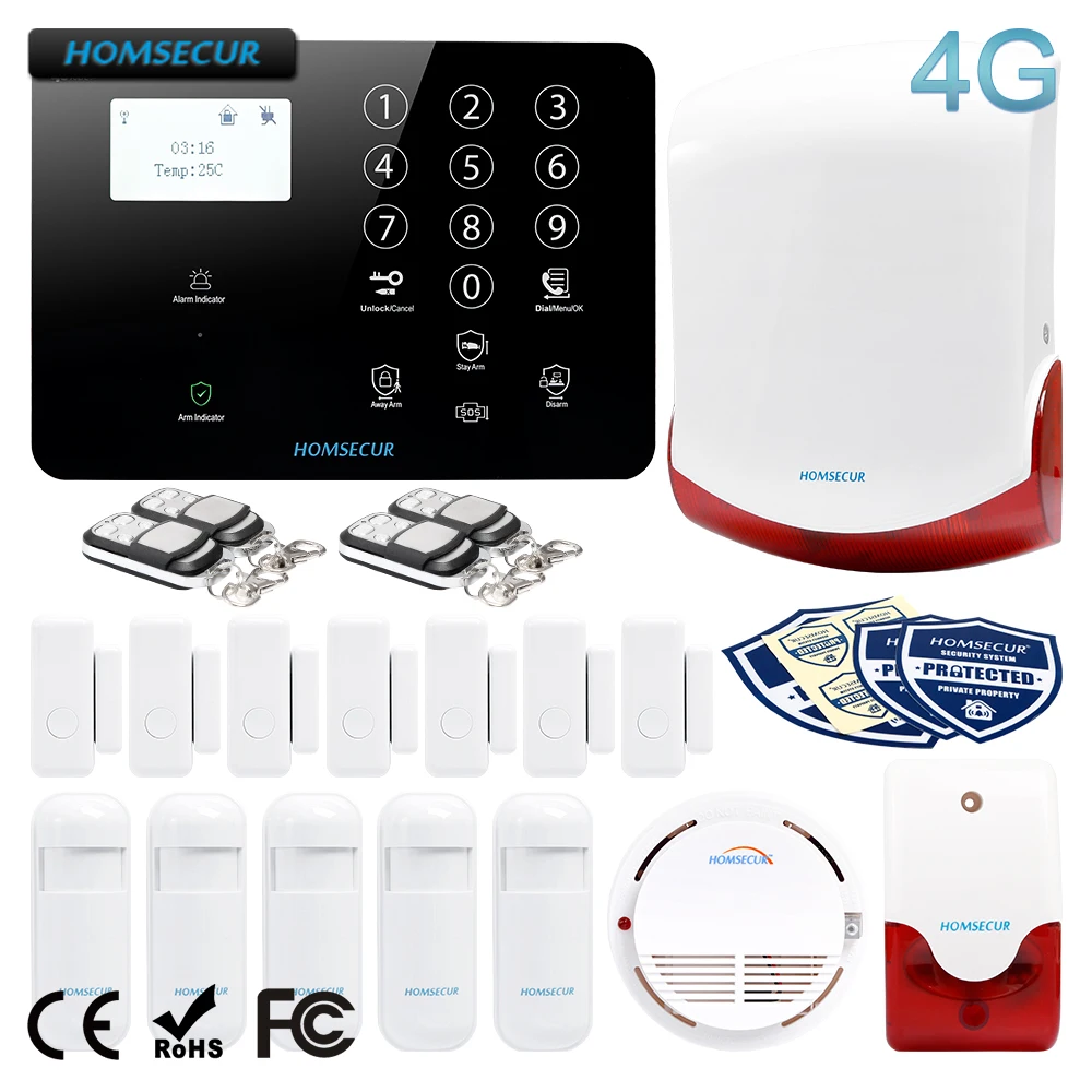 HOMSECUR GA01-4G-B беспроводной и проводной 4G/3g/gsm, ЖК-дисплей домашняя охранная сигнализация+ красная вспышка Сирена