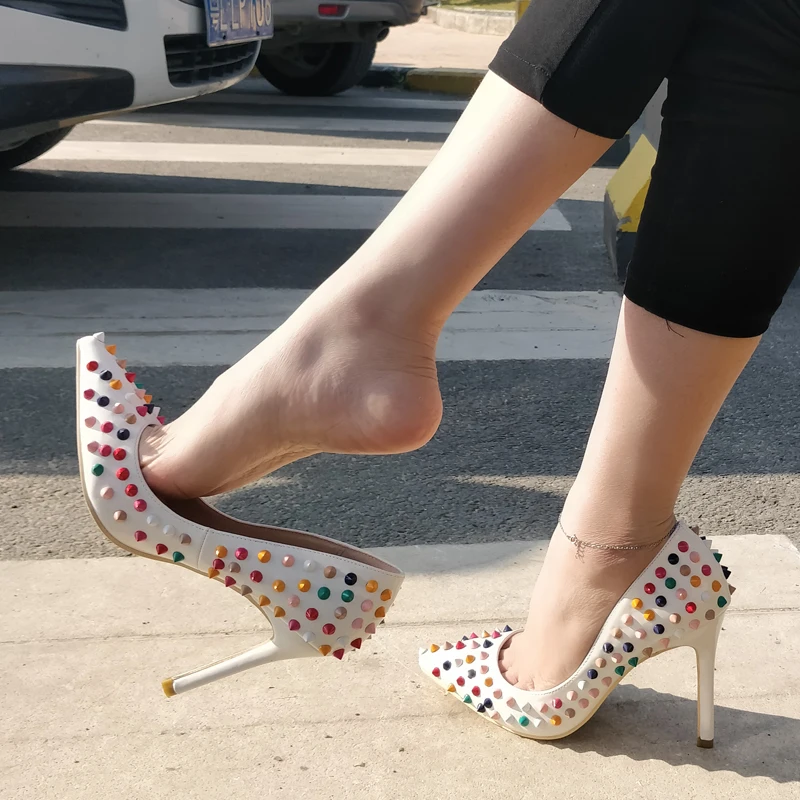 Free shipping fashion women Pumps Casual Designer white multi color studded spikes point toe pumps shoes high heels 10cm 8cm