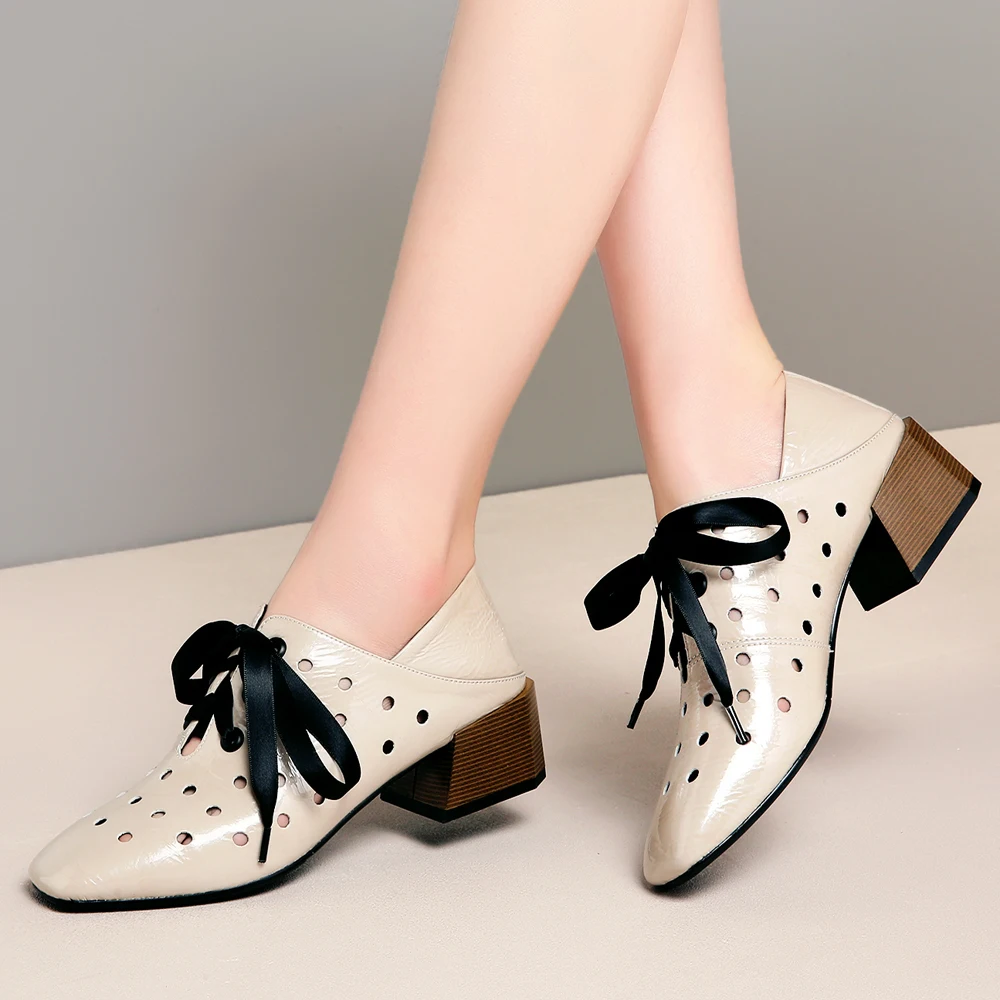 

Meotina High Heels Women Shoes Natural Genuine Leather Ribbon Block Heels Shoes Cutout Lace Up Square Toe Pumps Lady Size 34-42