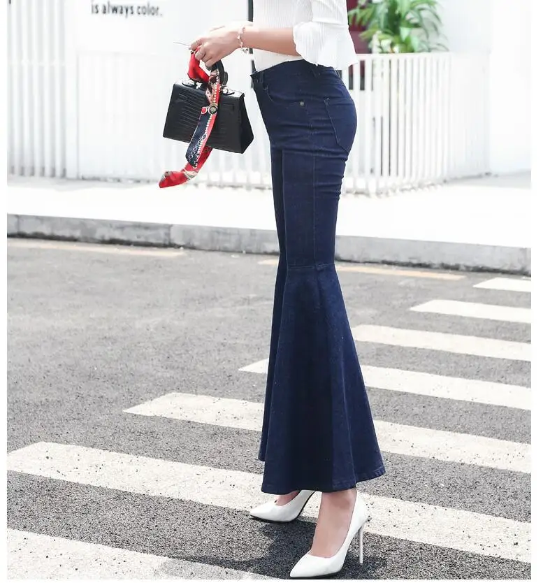 Сексуальные Стрейчевые джинсы расклешенные брюки 2019 модные синие тонкие осенние