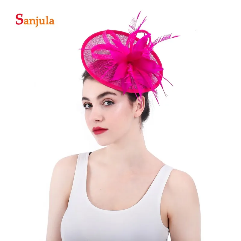 Fuchsia Linen Hats for Women Feathers Round Shape Bridal Wedding Hair Accessories with Hairpins pamelas sombreros bodas H63|Свадебные