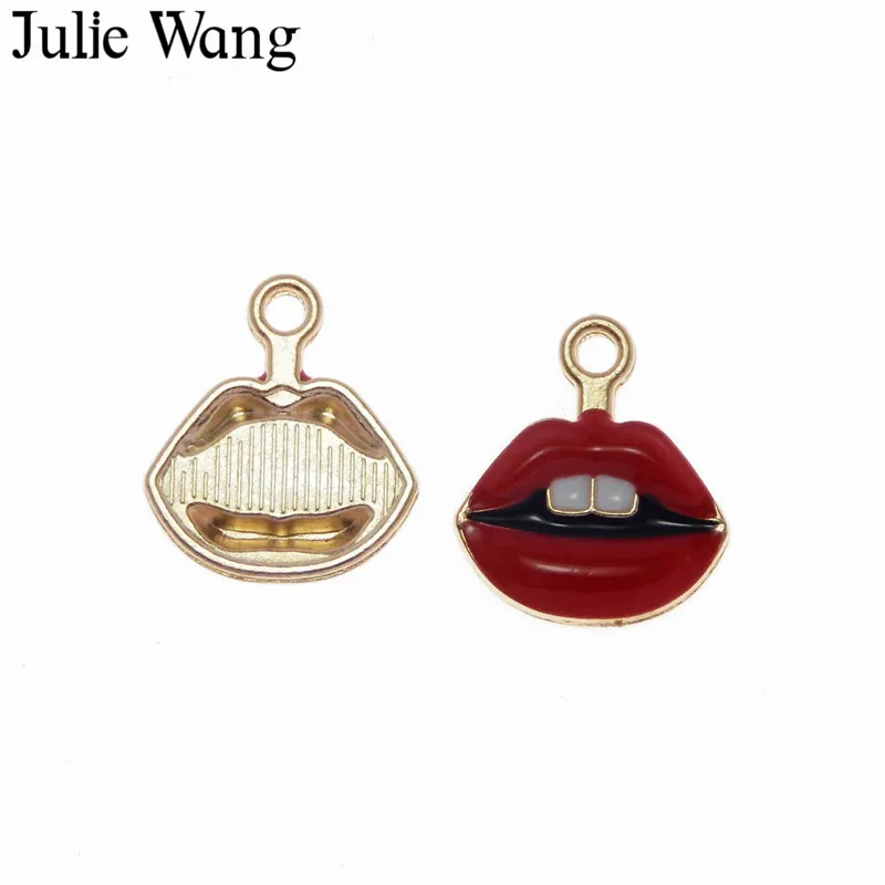 Julie Wang 6 шт. сплав Золотая основа розово красная/Красная эмаль губы Подвески зубы