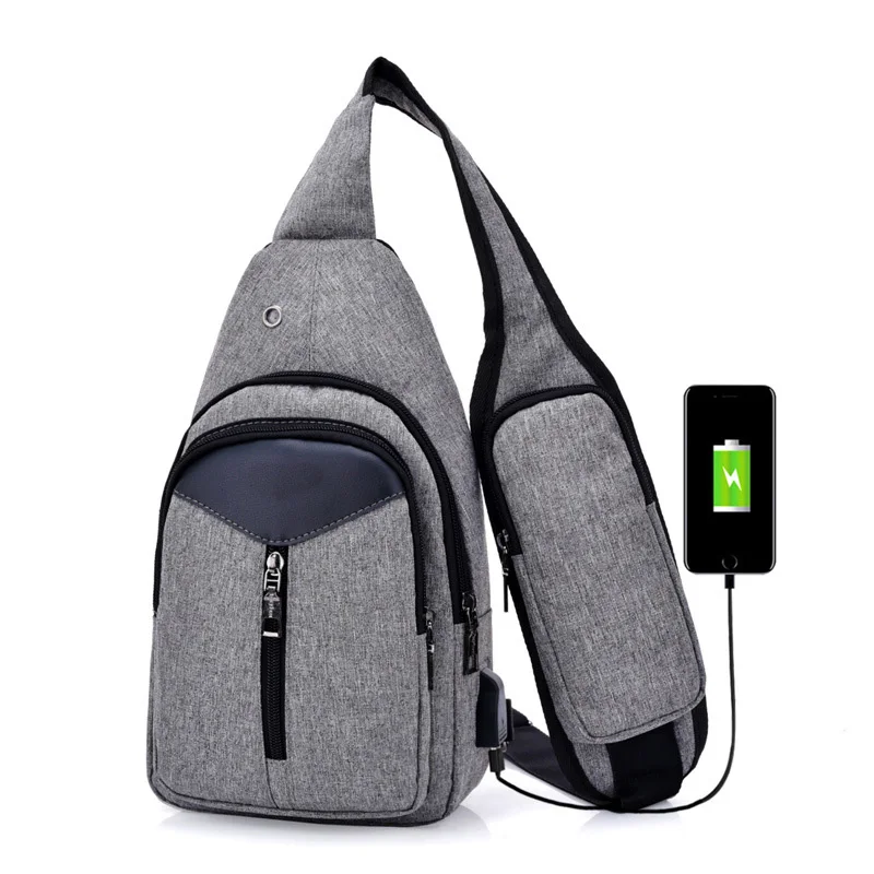 Grey Мужской рюкзак с защитой от кражи, брезентовый, USB, перезаряжаемый, нагрудная сумка, с отверстием для наушников, подростковая, на одно плечо, сумка для мальчика, Sac A Dos Homme BP0212 - Цвет: Grey