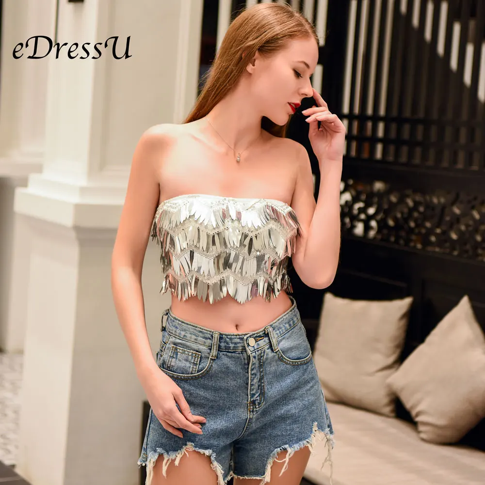 Майка женская с блестками пикантный красный кроп Топ без бретелек Клубная