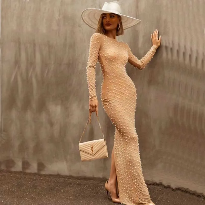 

Wholesale New woman's dress Black and khaki Beading Long sleeve fashion Leisure celebrity Boutique cocktail party long dress