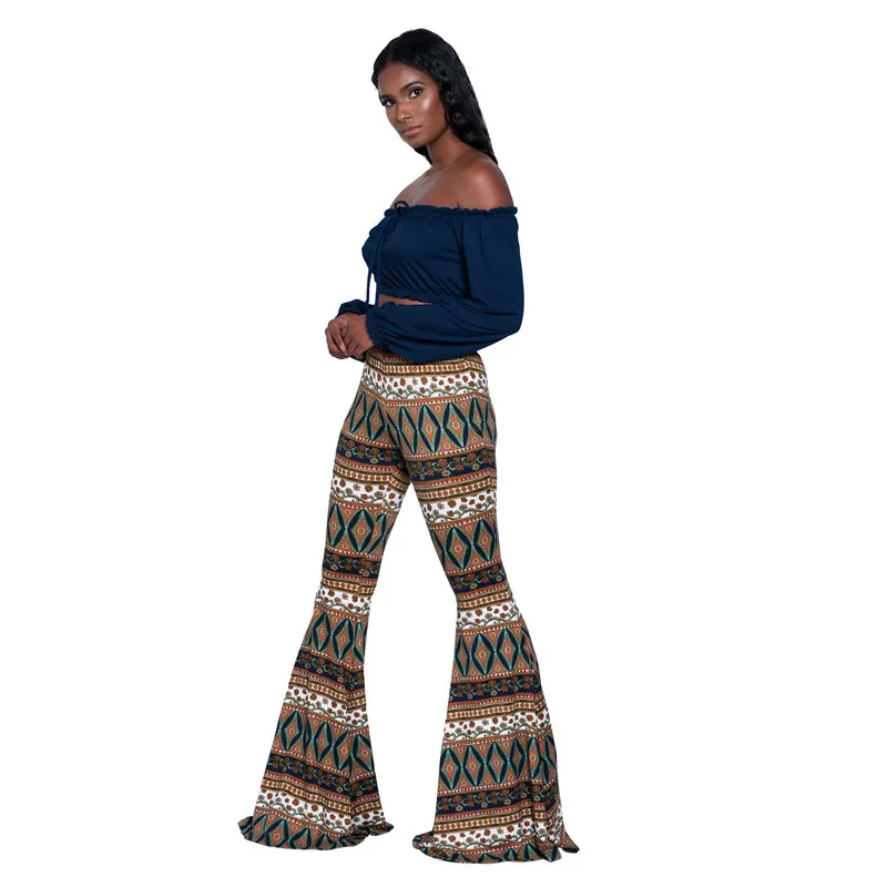Printting Boho Для женщин расклешенные брюки 2018 Хлопок Лен Длинные для леди Высокая