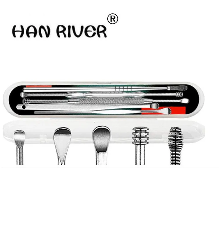 

Ear scoop suits spring type spiral ear pick ears kit double ear spoon stainless steel 5 in 1 box