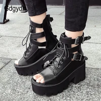 gdgydh open toe summer boots shoes women platform shoes ankle buckle strap black leather female footwear chunky heels gothic