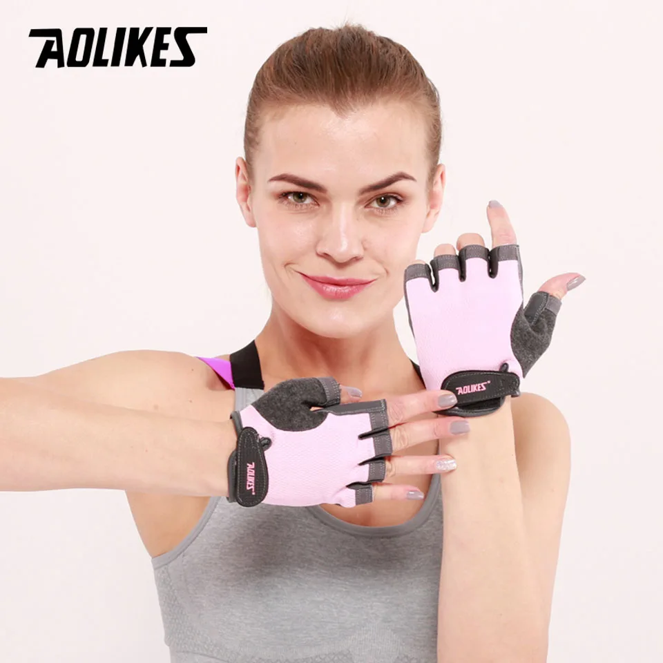 Pink AOLIKES, 1 пара, перчатки для спортзала с полупальцами, Перчатки для фитнеса, унисекс, для взрослых, на запястье, для занятий тяжелой атлетикой, для мужчин и женщин - Цвет: Pink
