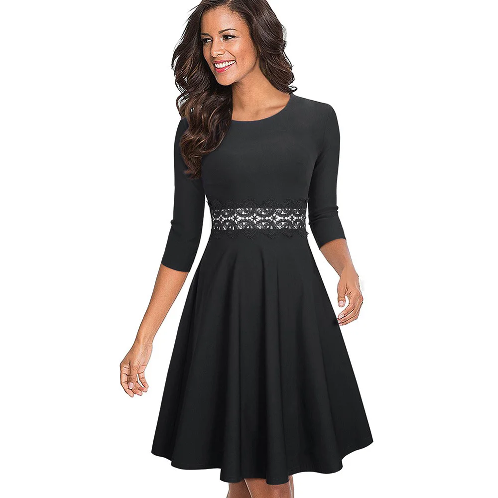 Black with sleeve Хорошее-forever винтажное элегантное кружевное лоскутное платье с цветочной вышивкой трапециевидной формы Pinup Деловые женские вечерние Расклешенные платья A079 - Цвет: Black with sleeve