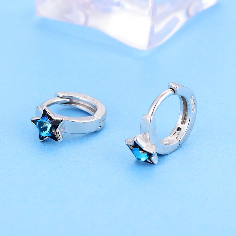 Shineland Blue Stars Round Circle Hoop Earrings 925 Sterling Silver Jewelry For Women Girls Statement Summer Hot Gifts | Украшения и