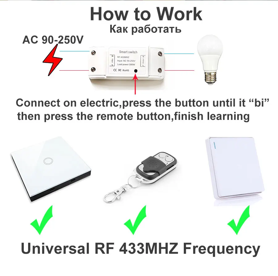 Vhome Wireless Switch Controller Smart Remote Control Touch Light switch RF Transmitter AC220V 5A For Smart Home LED White/Black