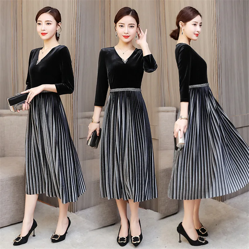 4XL Plus Size Dresss Women V-Neck Vintage Dress High Quality Fashion 2020 Ladies Black Velvet Pleated Midi-Calf Robe Femme | Женская