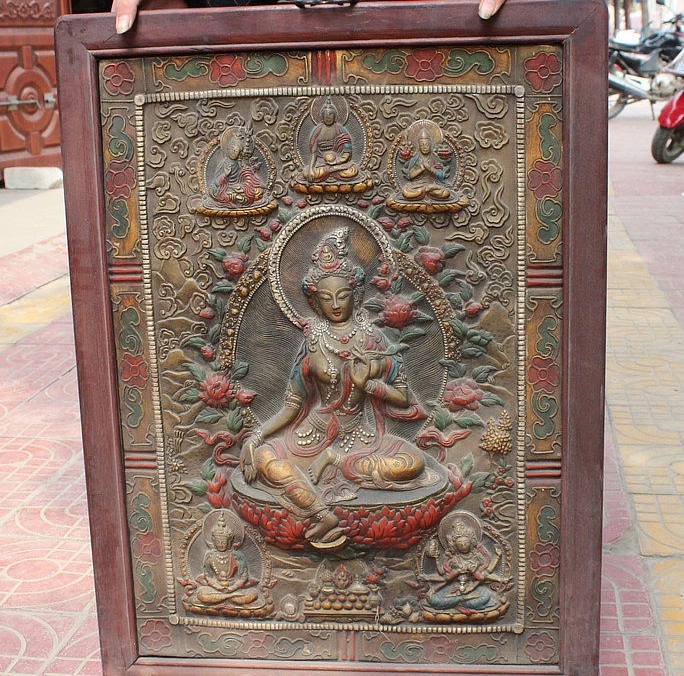 Tibet Wood Painting Green Tara Mahayana Buddhism enlightenment Goddess Thangka |