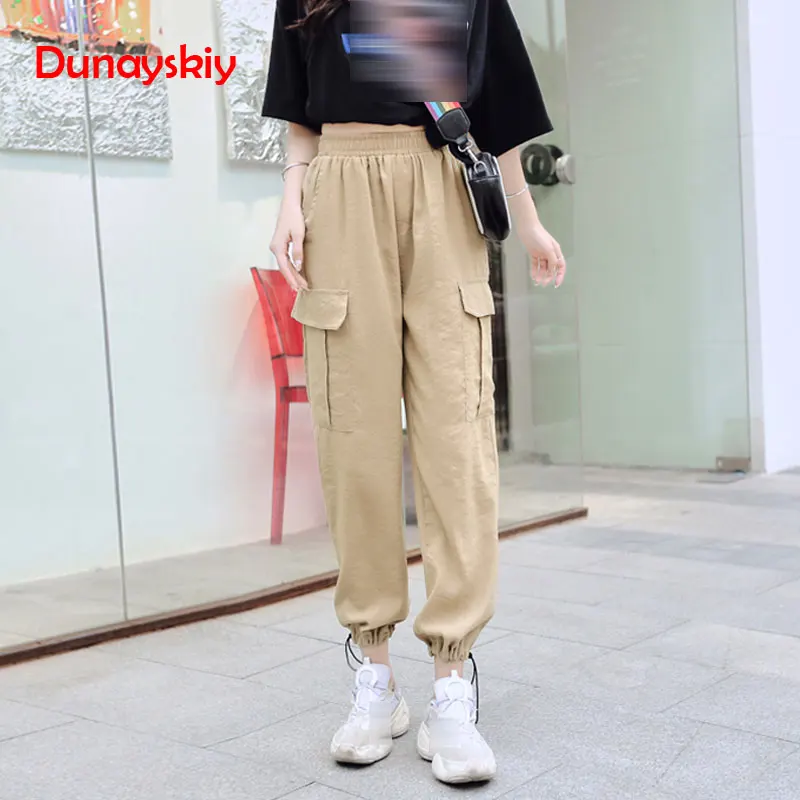 2020 брюки карго с боковыми карманами для девочек военные армейские зеленые