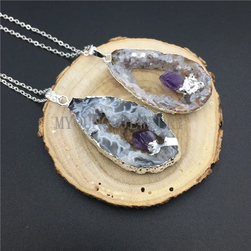 Natural Agates Geode Druzy Slice Pendant with Amethysts Point Embedded Necklace Silver Electroplated Edges And Chain MY0855 | Украшения и